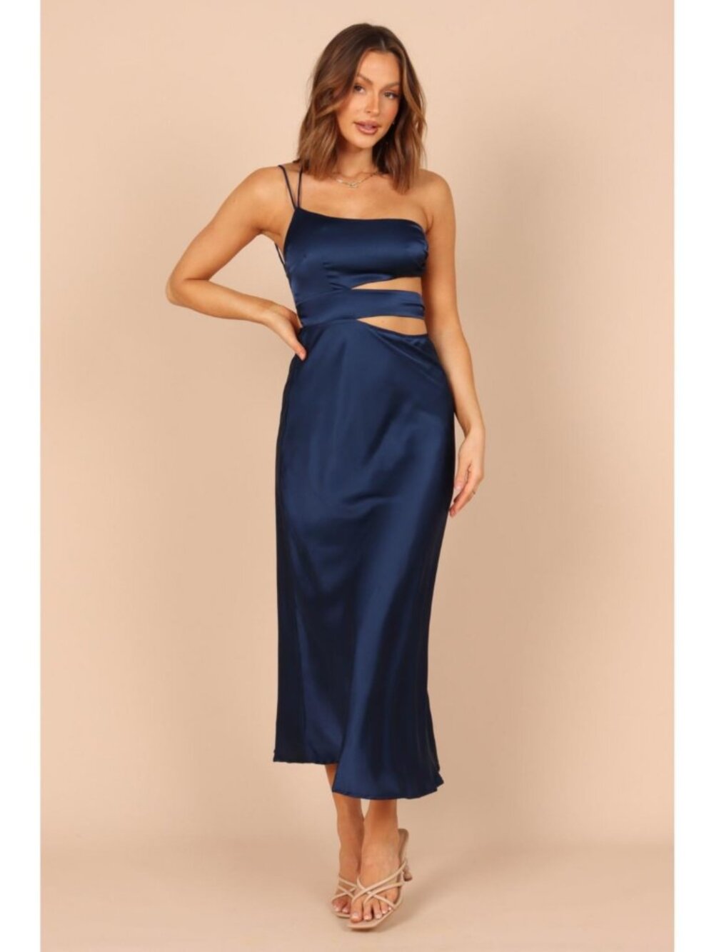 Petal and Pup Navy Satin Cutout Midi Dress - Size M - Navy Blue